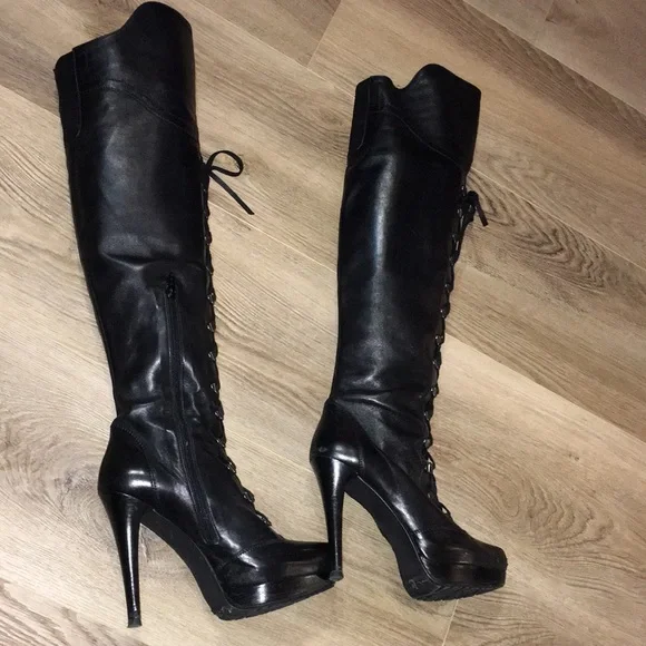 - STUART WEITZMAN BLK OVER THE KNEE SOFT REAL LEATHER LACED TIE UP PLATFOR…